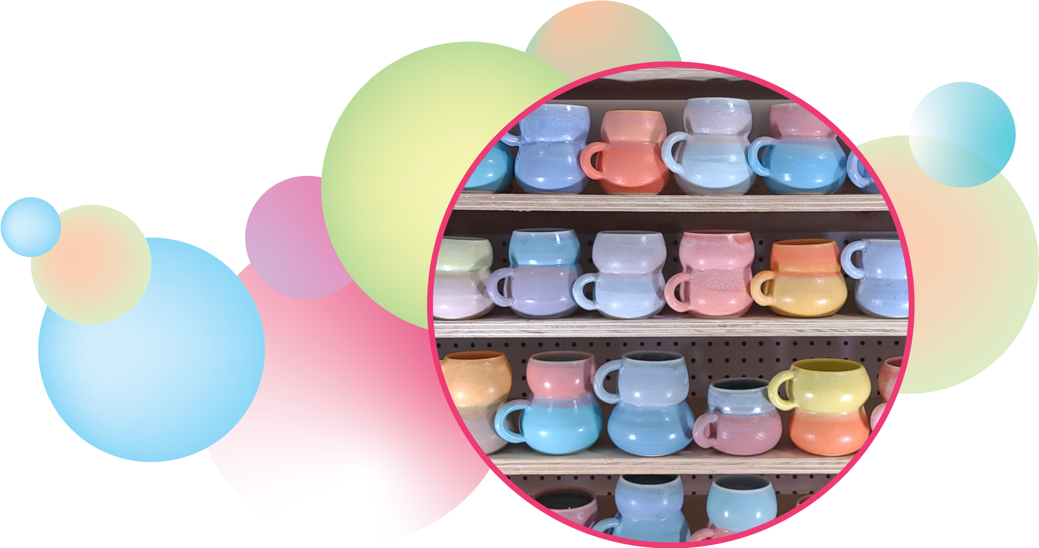 Image of many mugs on a shelf in the studio